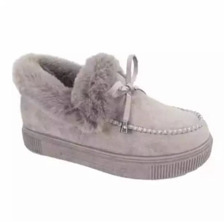 New Women Winter Cotton Shoes Ladies Bowknot Plush Warm Snow Boots Casual Solid Color Flat Short Boots Furry Females Feetwear