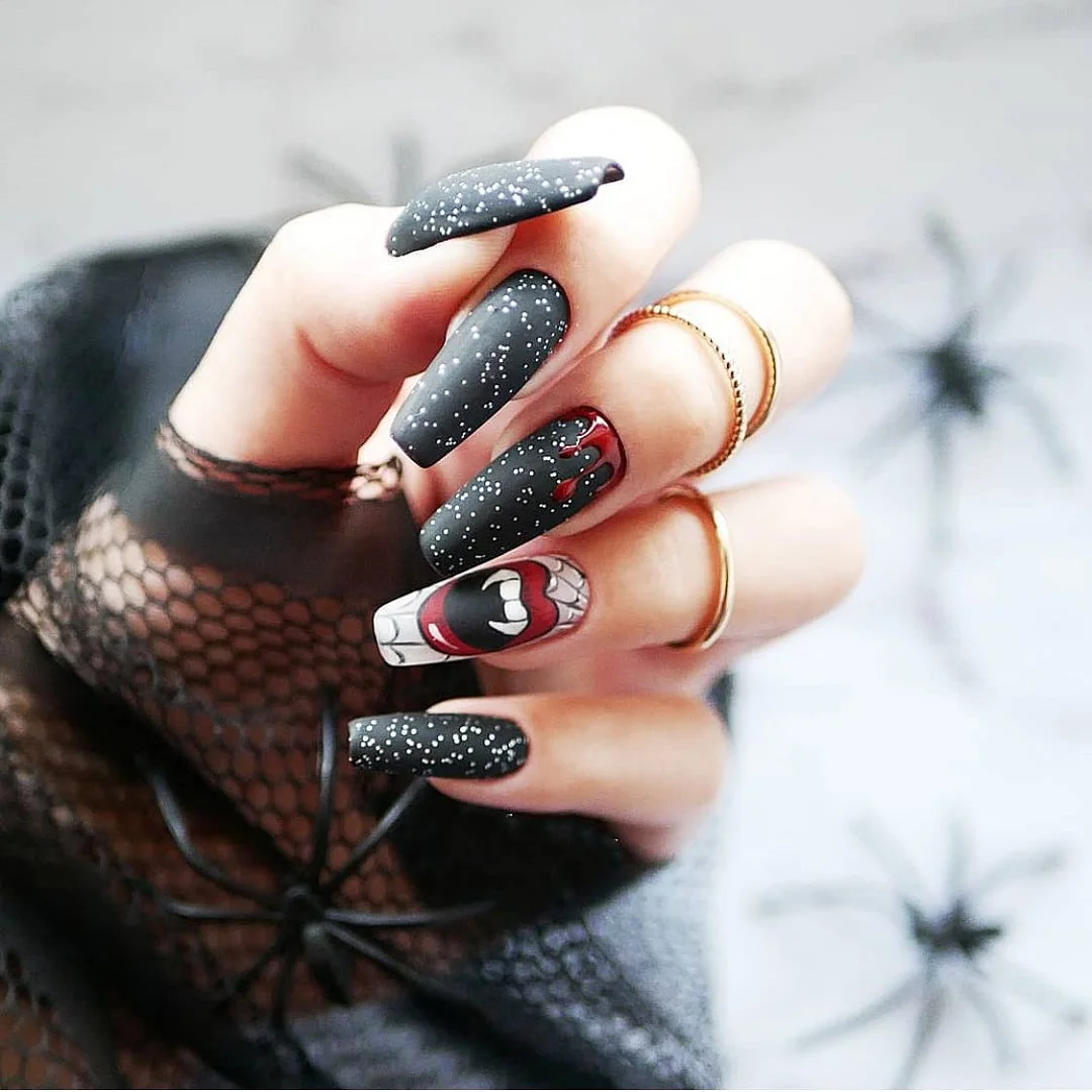 24pcs/set Long Stiletto Fake Nails Punk Snake Pattern Black White Matte False Nails Artificial Full Nail Tips Manicure Tools 515-1-Nail Inspo