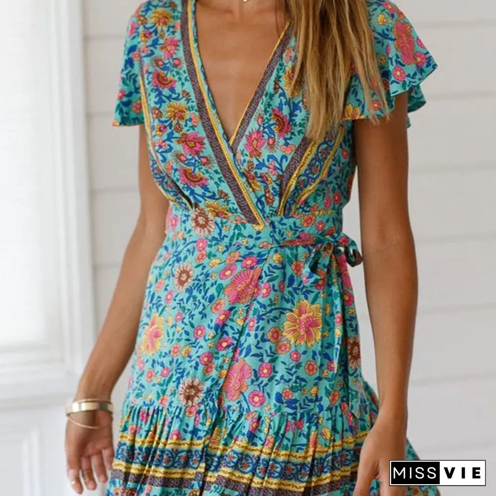 Holiday Style Short Sleeve Printed Dress