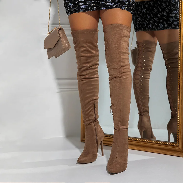 Brown Vegan Suede Stiletto Back Cutout Lace-up Thigh High Boots |FSJ Shoes