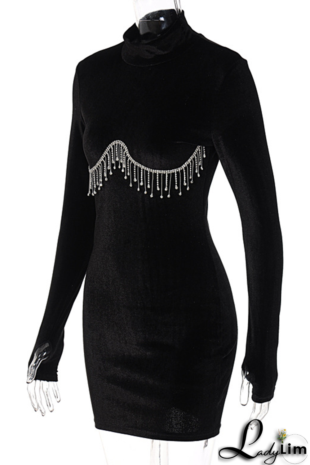 Rose Red Sexy Solid Rhinestone Half A Turtleneck Pencil Skirt Dresses