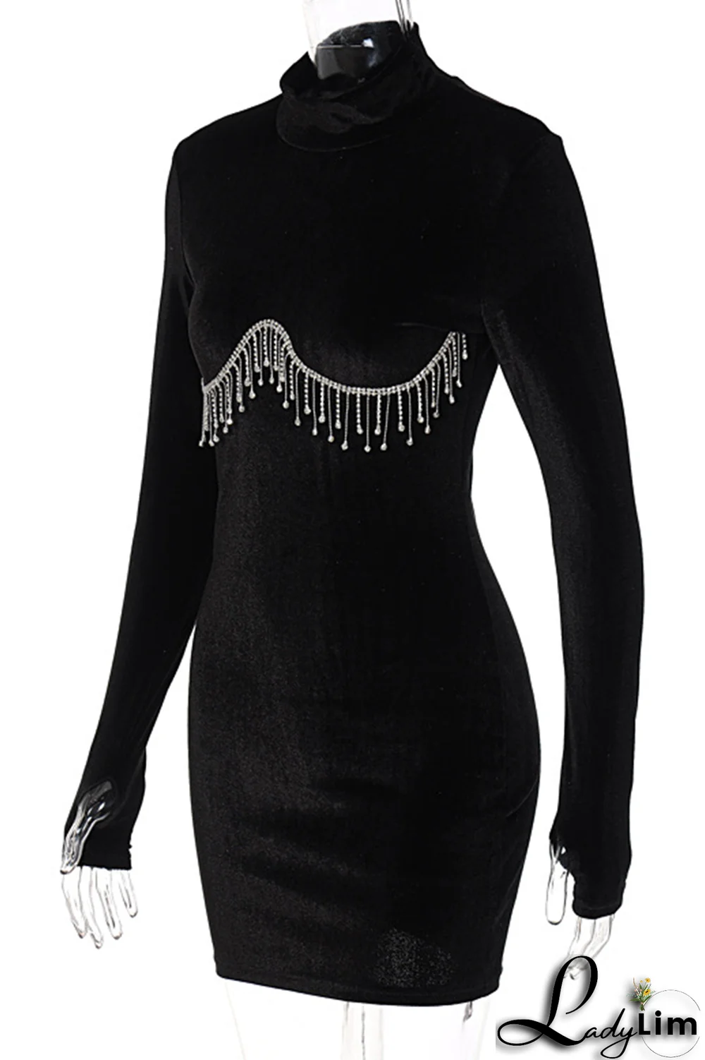 Rose Red Sexy Solid Rhinestone Half A Turtleneck Pencil Skirt Dresses