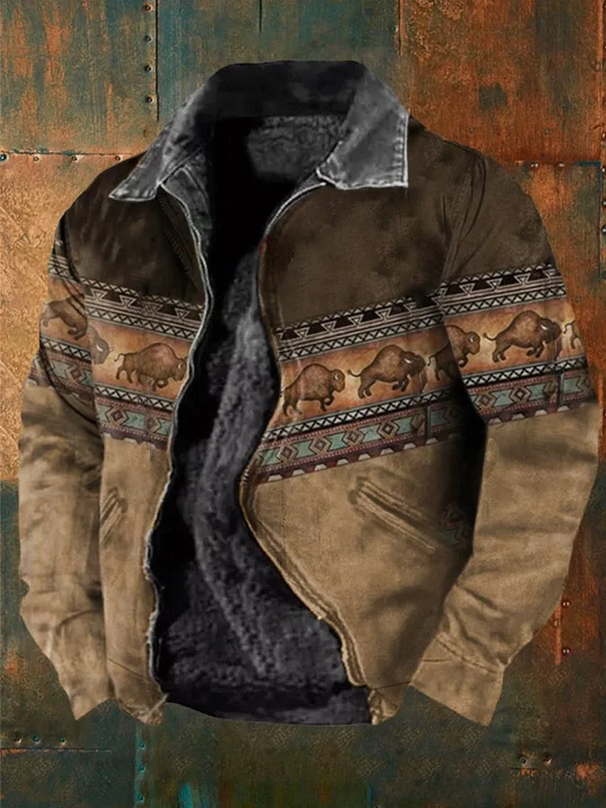 Men's Vintage Plush Western Print Zipper Jacket
