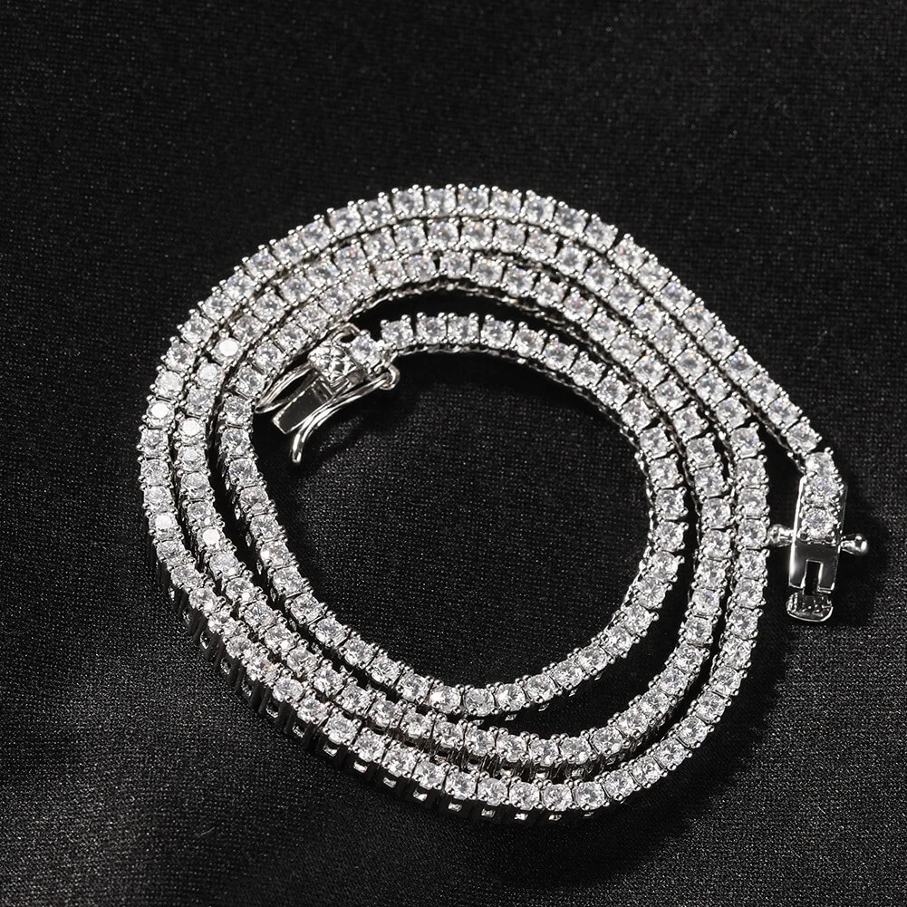 2MM Iced Out Bling Zircon 1 Row Tennis Chain Men Necklace-VESSFUL