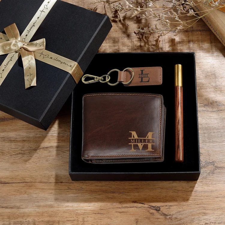 Kit de regalo-Llavero, cartera y bolígrafo con 2 nombres y 2 letras personalizados con 2 textos para hombre