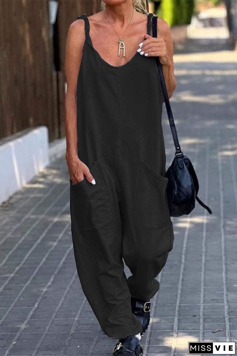 Casual Simplicity Solid Pocket U Neck Loose Jumpsuits(12 Colors)