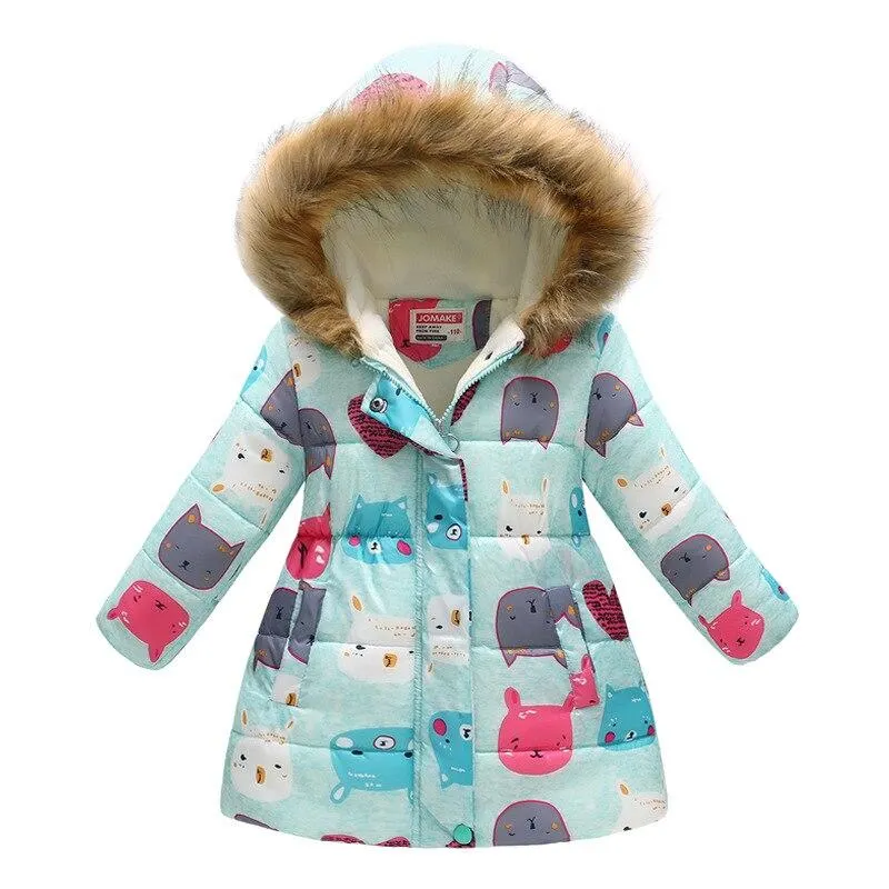 Thicken Winter Girls Jackets Fashion Printed Hooded Outerwear For Kids Internal Plus Velvet Warm Girls Coats Christmas Present