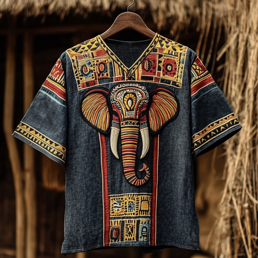 Men's African Abstract Elephant Mask Geometry Art Cotton And Linen V-neck T-shirt