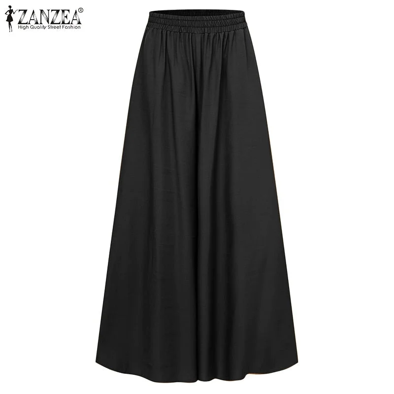ZANZEA 2022 Spring Autumn Elastic Band Wide leg Pants Female Solid Wide Full Length Pant Women's Casual Ladies Pants