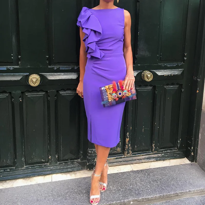 Elegant Solid Sleeveless Ruffle Midi Dress
