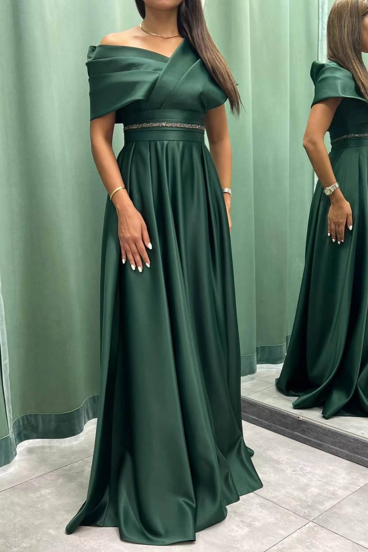 Oknass Elegant Long Evening Dress Pleat Off-The-Shoulder