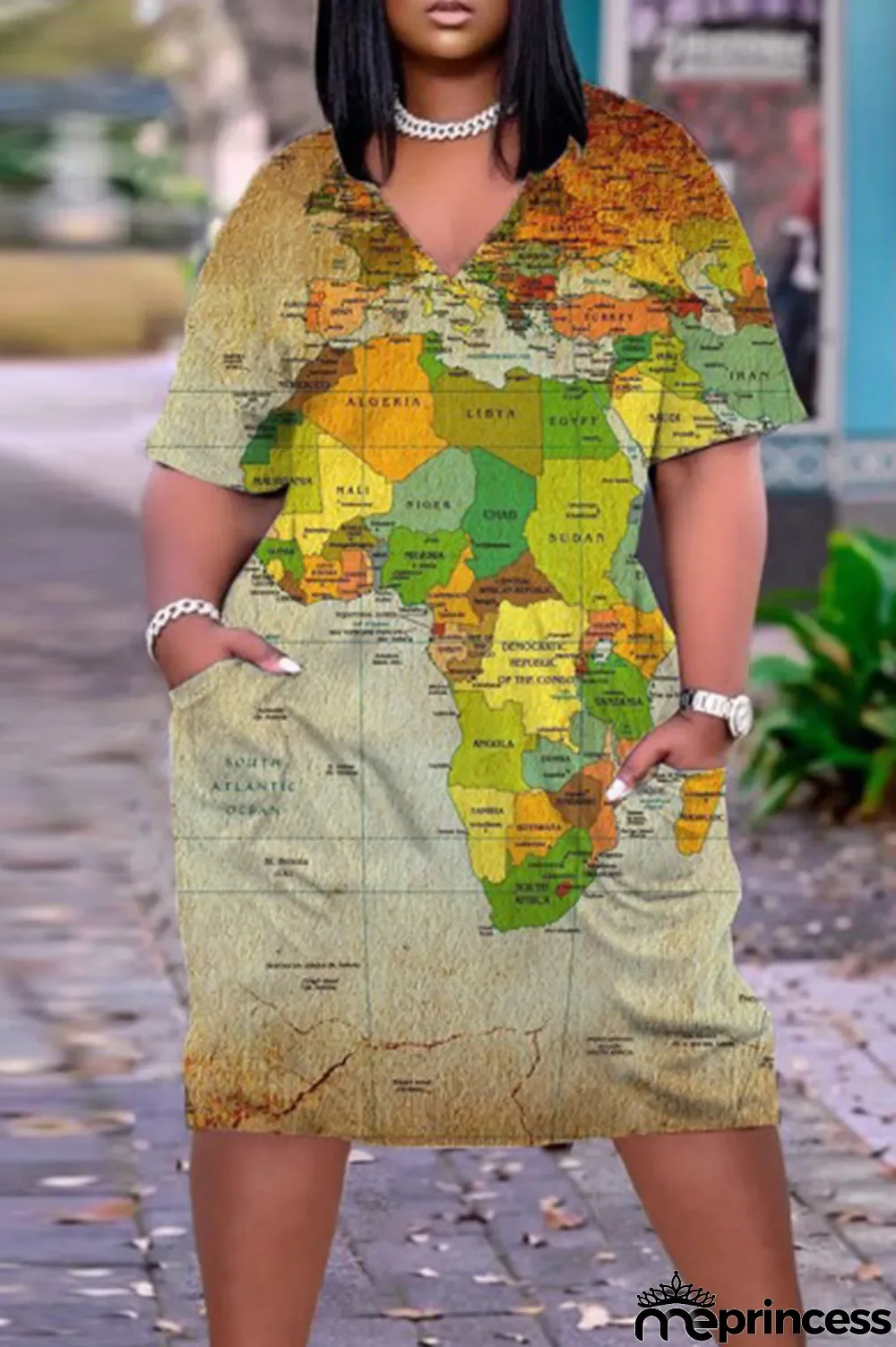 Black Gold Fashion Casual Print Basic V Neck Short Sleeve Dress