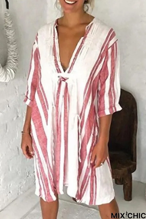 Striped Print Plunging Neck Vintage Half Sleeves Midi Dress