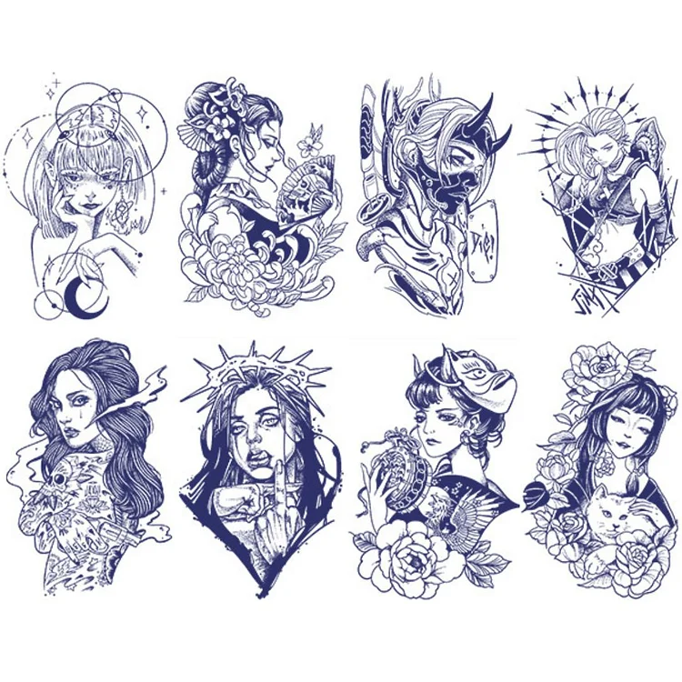 8 Sheets Woman Manga Semi-Permanent Tattoo Stickers