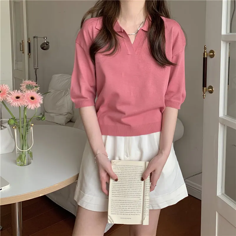Athvotar Collared T-Shirts For Women's Summer New Korean Version Of Thin Ins Wind Korean Version Of Short-Sleeved Top Trend