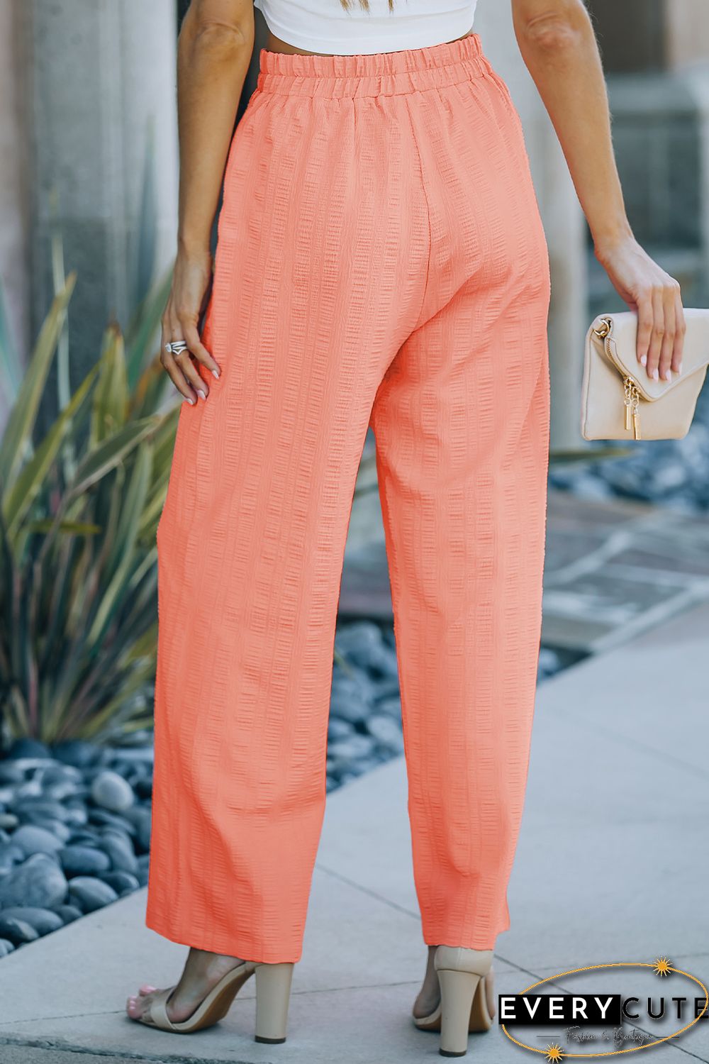 Pink Textured Straight Leg High Waist Casual Loose Pants