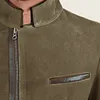 Men Vintage Stand Collar Suede Blazer Side Zip Fly Contrast Leather Webbing Medium Length Jacket Coats by Inlyline