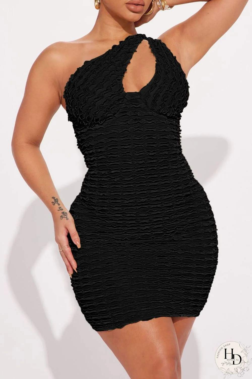 Black Sexy Solid Hollowed Out Oblique Collar Sleeveless Dress Dresses