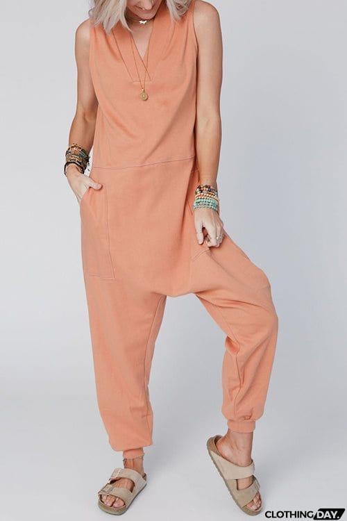 V Neck Solid Sleeveless Pocket Jumpsuit