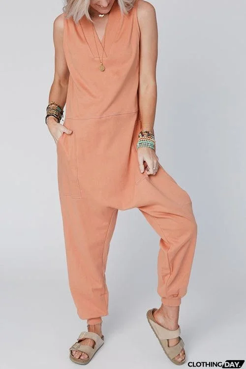 V Neck Solid Sleeveless Pocket Jumpsuit