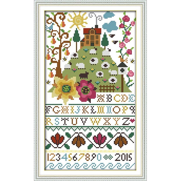 Joy Sunday - Flower Alphabet - 14CT 2 Strands Threads Printed Cross Stitch Kit - 35x21cm(Canvas)