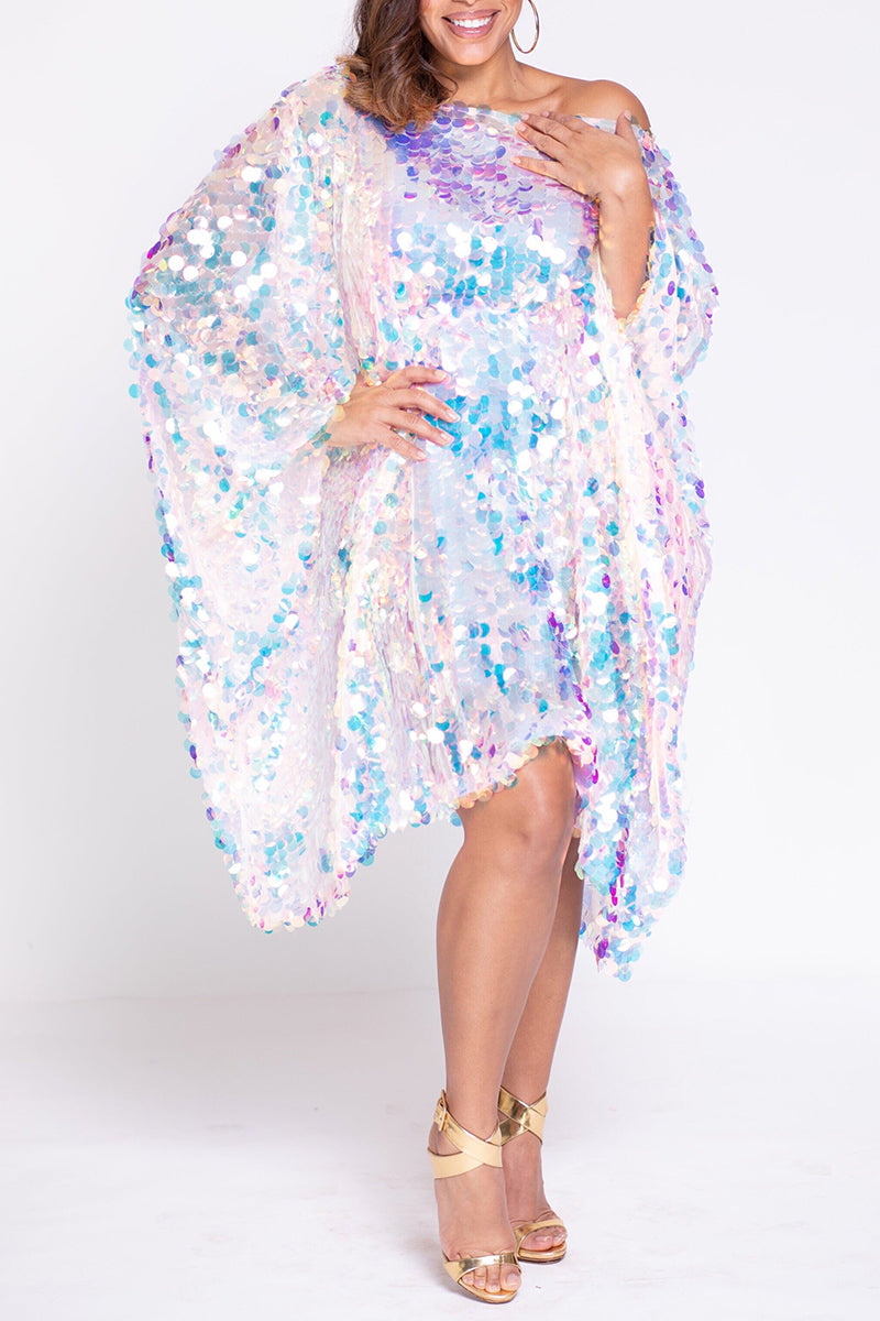 Plus Size Party Reflective Sequin Batwing Sleeves One Shoulder Mini Dress