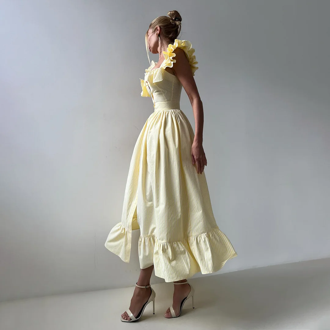 Athvotar Athvotar Temperament Commuting Style Leaf Side Striped Dress Women's Summer Senior Neck Cuff Double Design Women's Clothing