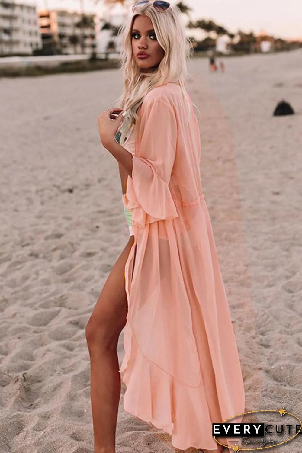 Pink Ruffle Half Sleeve Tie Front Flowy Beach Cover Up