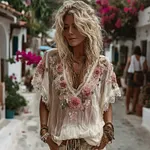 Women's Retro Boho Pink Floral Lace Art Linen Short-sleeve Top - Image 2