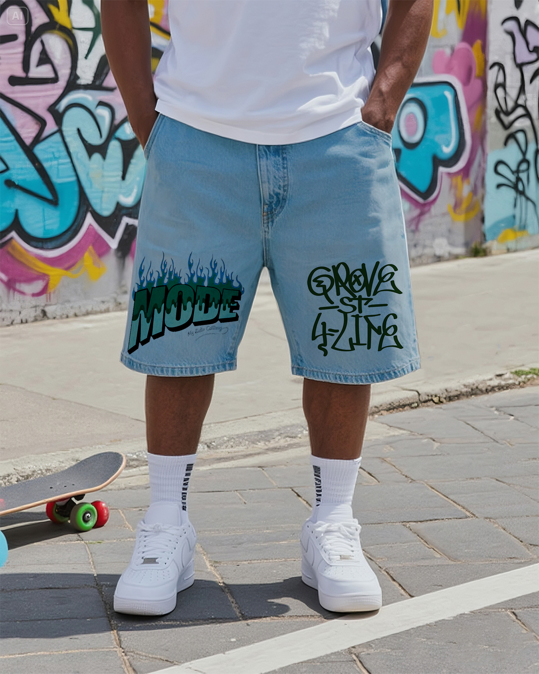 Big & Tall Men's Street Graffiti Creative Alphabet Denim Shorts