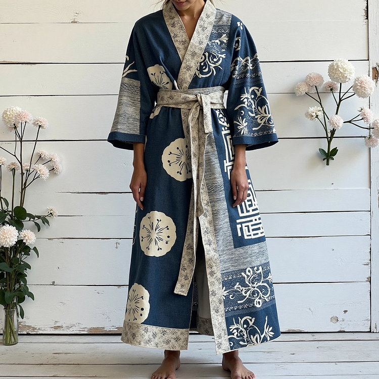 Utbros Women's Retro Japanese Traditional Sashiko Art Linen V-neck Robe