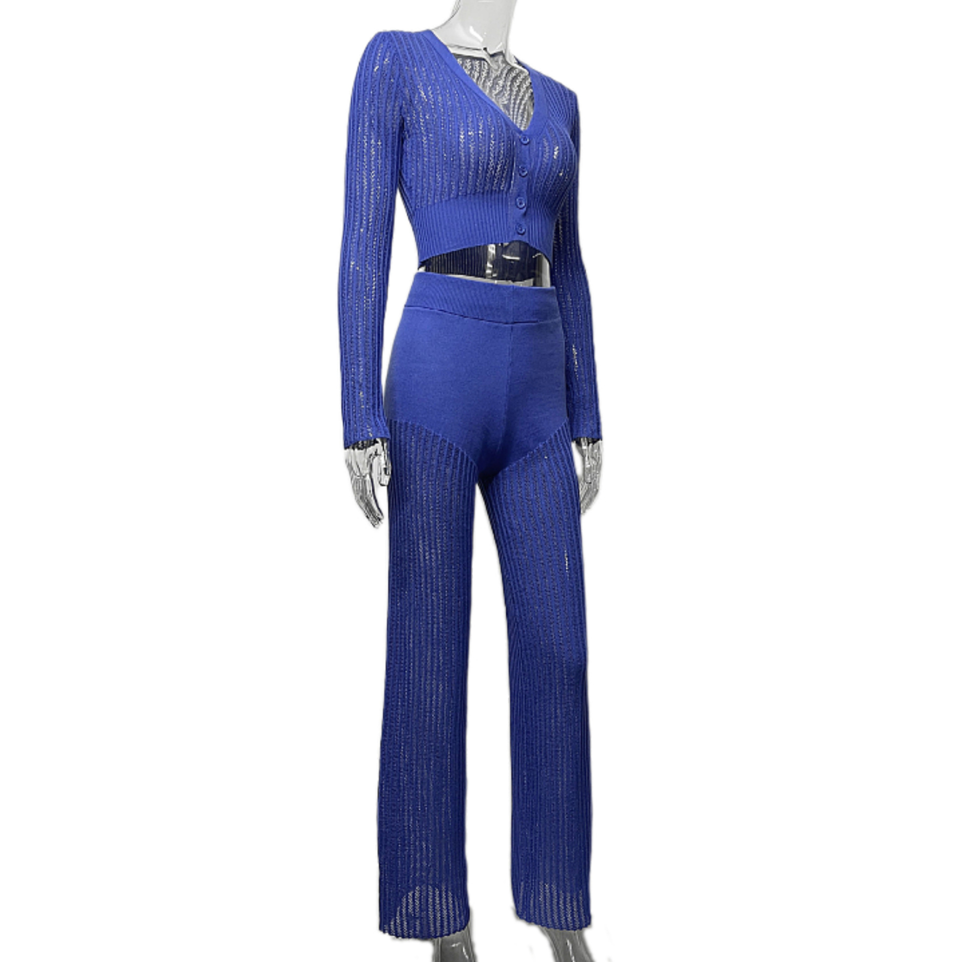 Ootddress Women Casual Knitted Sweater Outfits Buttons See-Through Long Sleeve High Waist Knit Two Piece Fashion Trousers Outfits