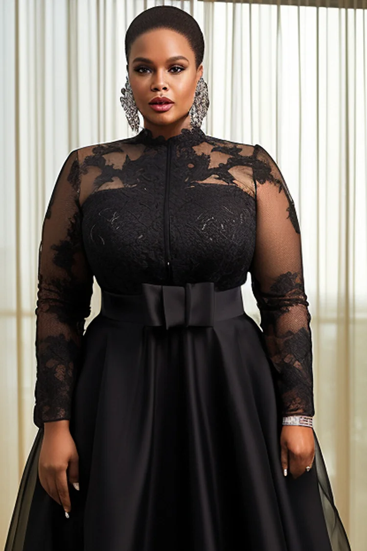 Xpluswear Design Plus Size Formal Organza Black Elegant Round Neck Long Sleeve See Through Lace Maxi Dresses [Pre-Order]