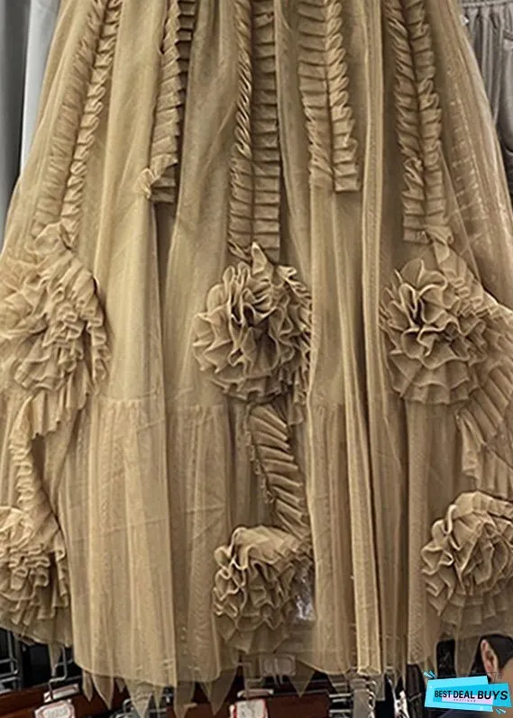 Women Camel Patchwork Floral Tulle A Line Skirt Spring