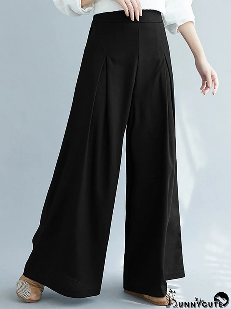 Solid Color Pleated Elastic Waist Casual Loose Wide-Leg Pants for Women