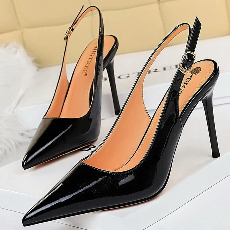 BIGTREE Shoes 2022 New Patent Leather Woman Pumps Stiletto Heels 9.5 Cm Office Shoes Fashion High Heels Hollow Women Sandals