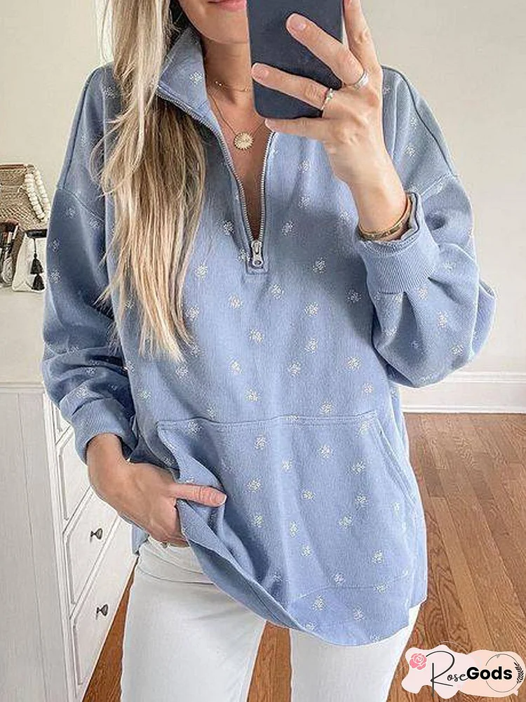 Floral Stand Collar Casual Sweatshirts