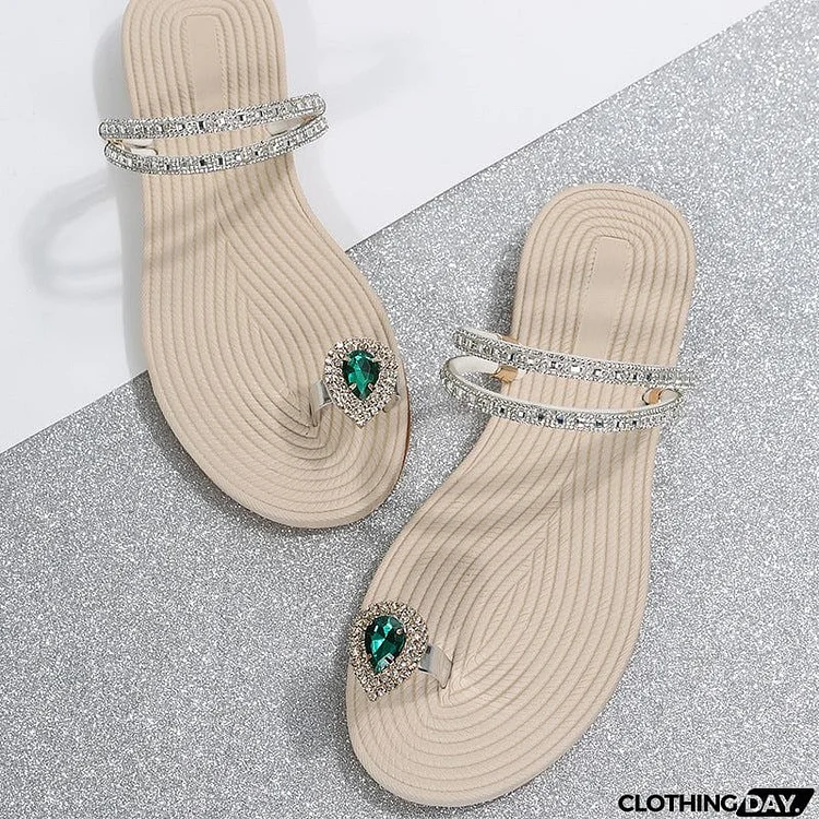 Open Toe 2-Way Beach Soft Sole Slippers With Rhinestones