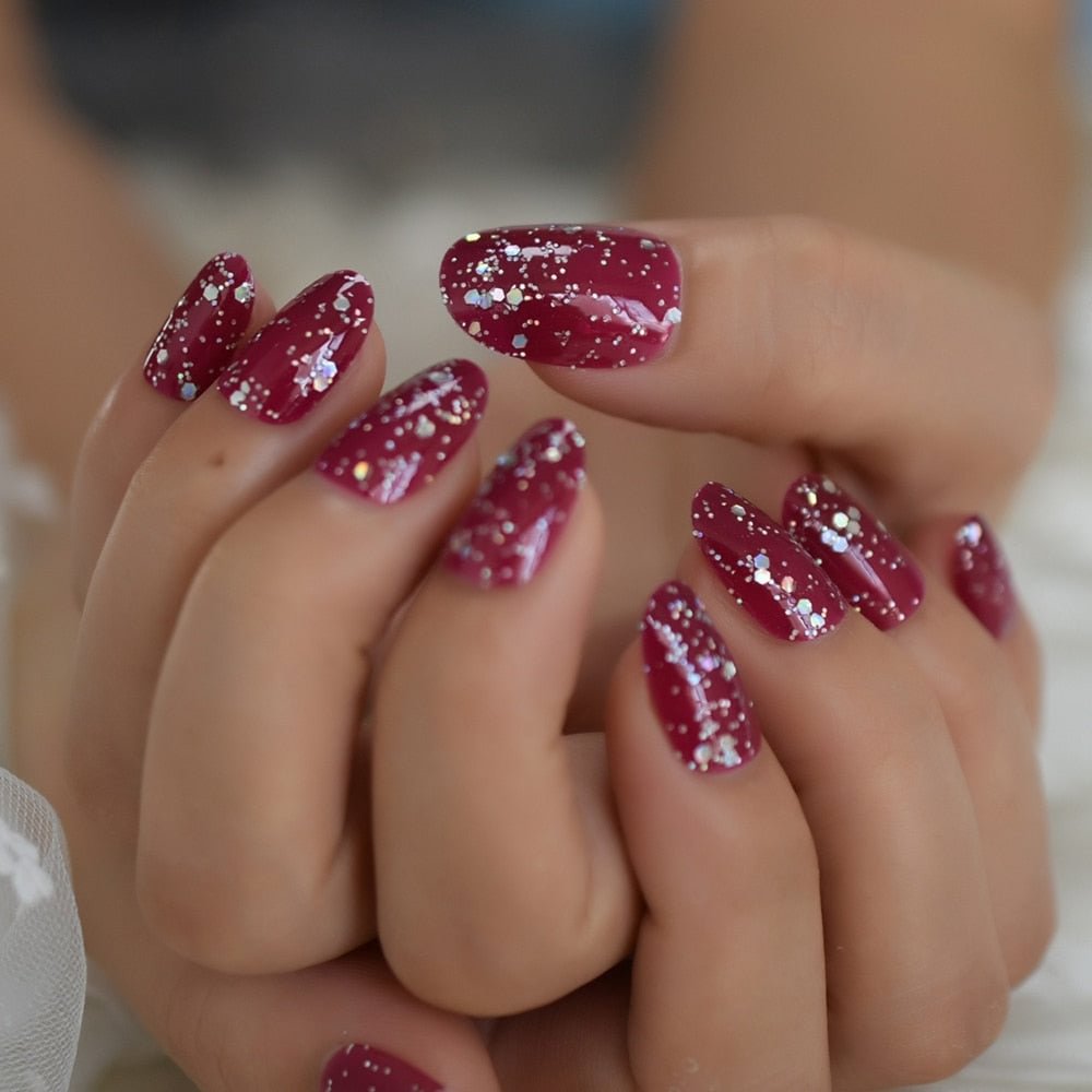 Deep Rose Red Press On Fingernails Mix Glitter Decoration Oval Fake Nails UV Polish Cover Glossy Nail Art Tips 24