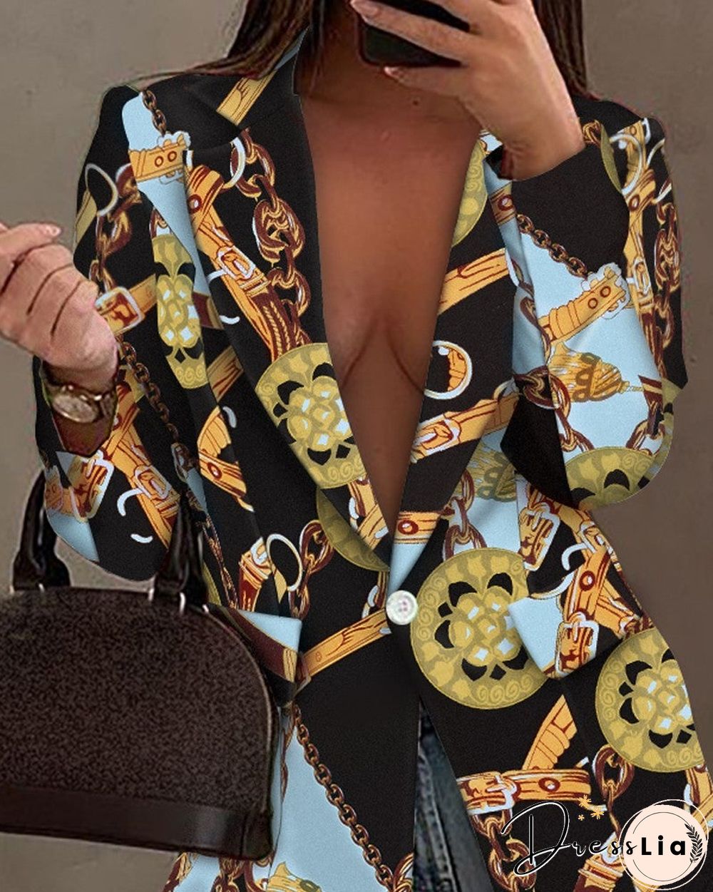 Chain Scarf Print Lapel Collar Single Button Blazer