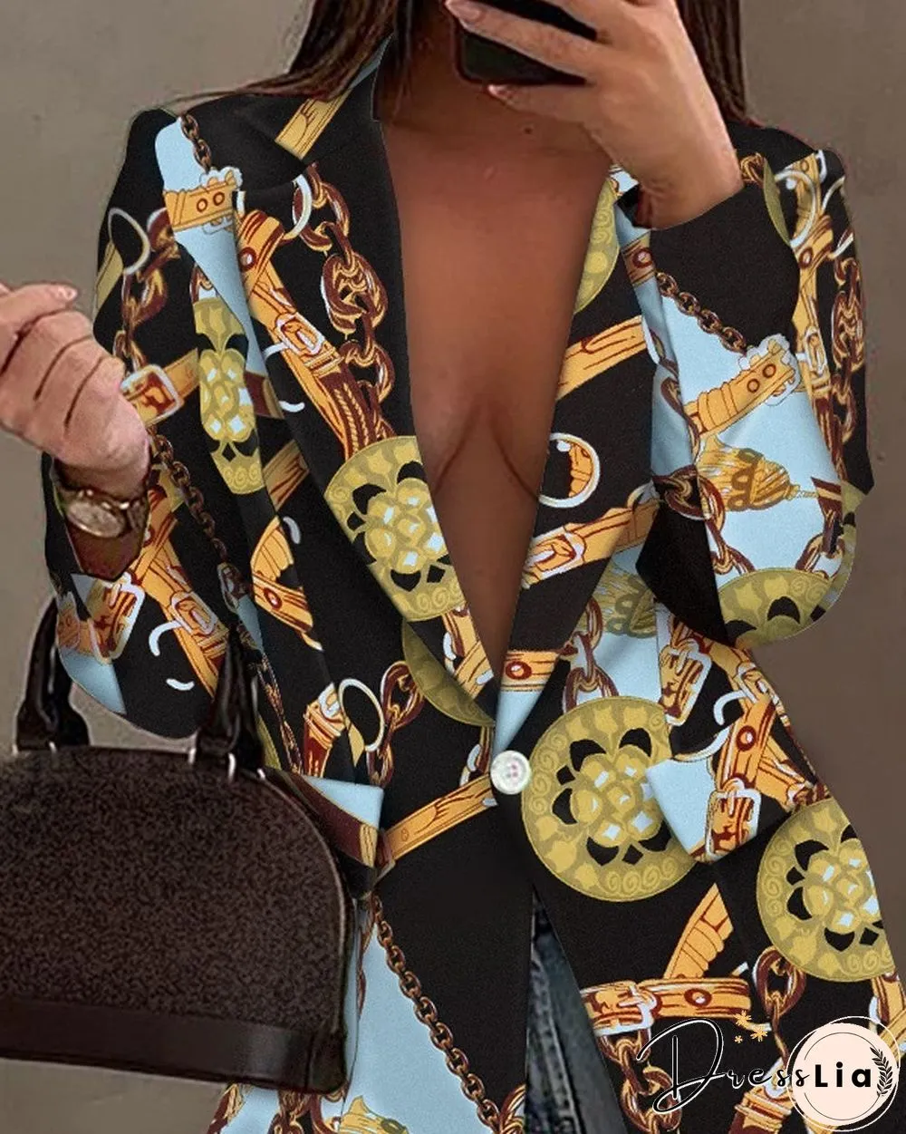 Chain Scarf Print Lapel Collar Single Button Blazer