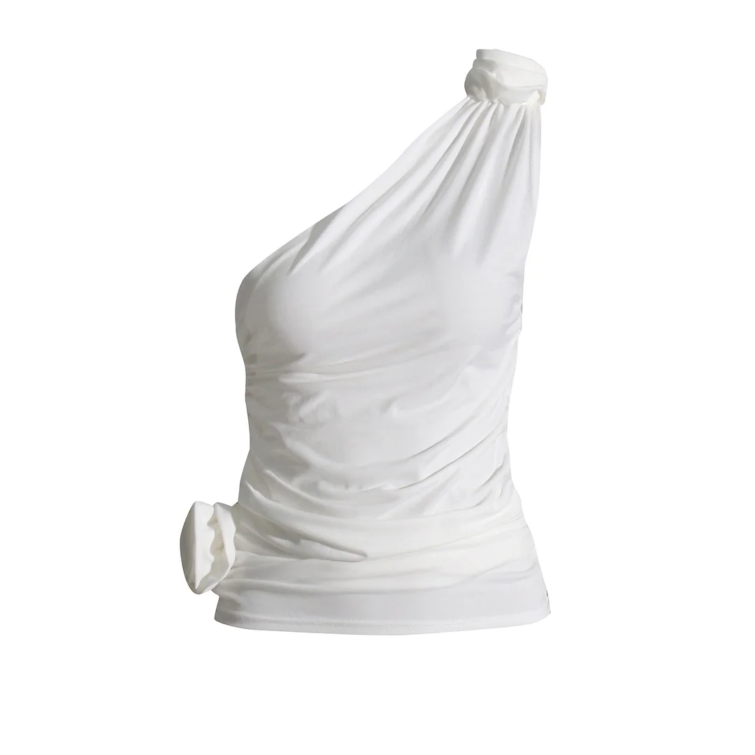 Toloer Toloer Contracted Wind 2024 Autumn New Unilateral Shoulder Belt Design Three-Dimensional Flower Pure Color Pleated Female Slim T-Shirt-Outfit Ideas