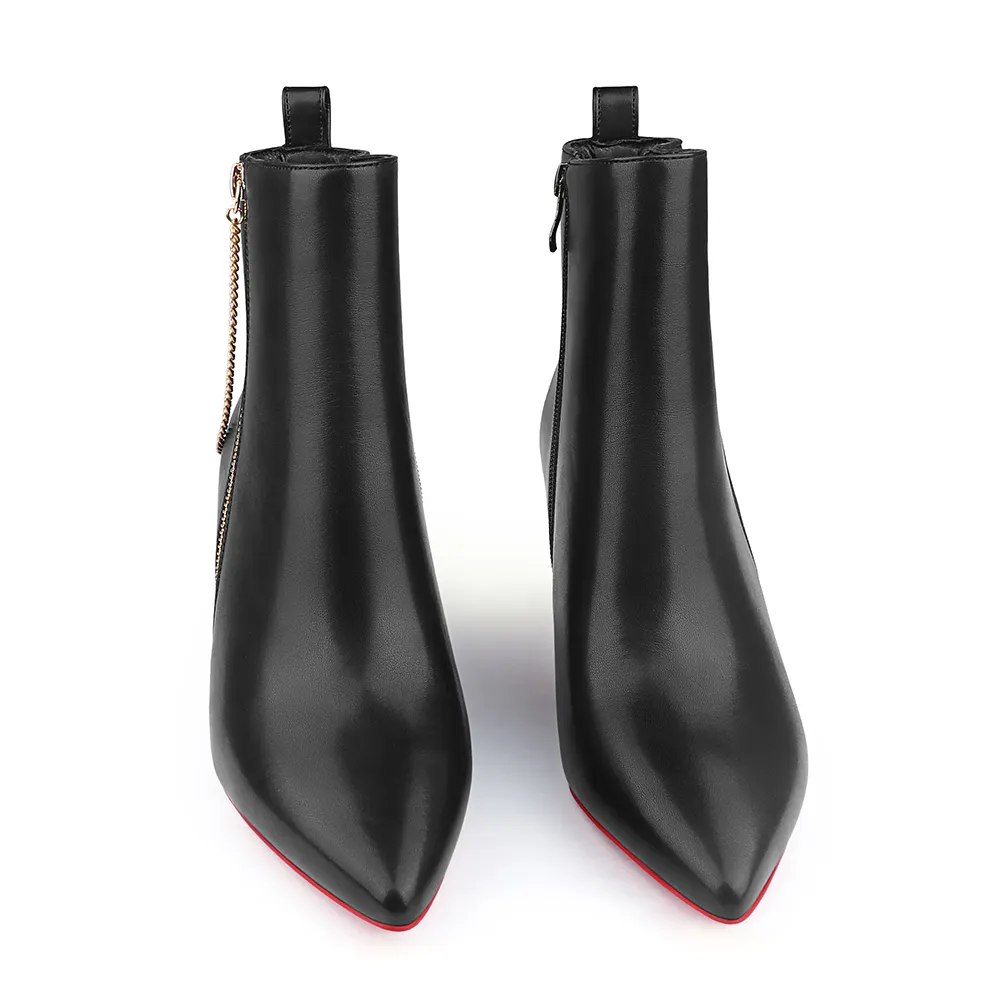 60mm Women's Pointed Toe Metal Chain Kitten Heel Single Strap Red Bottom Booties-vocosishoes