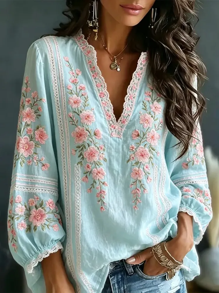 Women's Pink Floral And Lace Art Blue Cotton Linen Blend Comfortable V-neck Long Sleeve Top