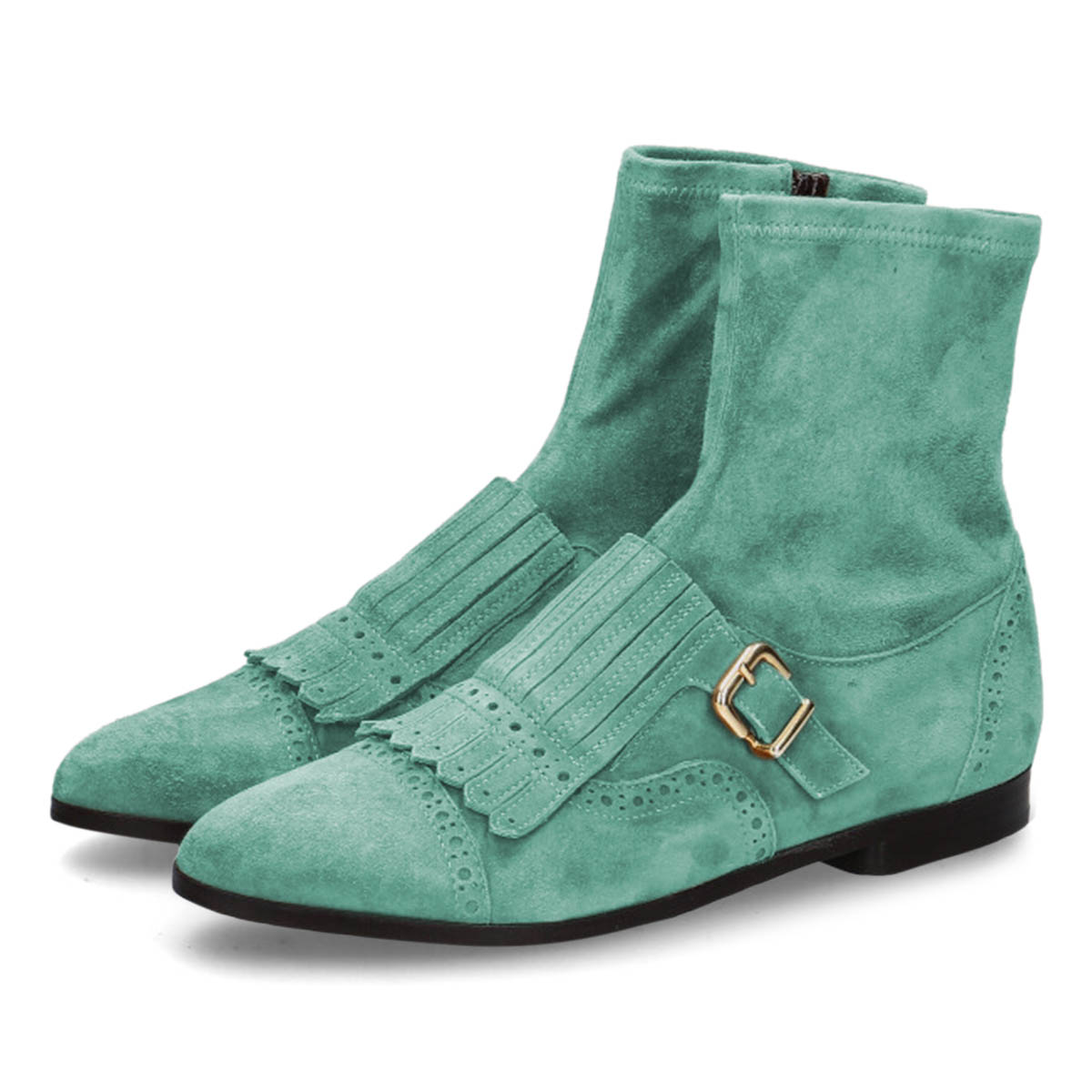 Turquoise Fringe Round Toe Buckle Strap Short Flat Boots with Zip Nicepairs