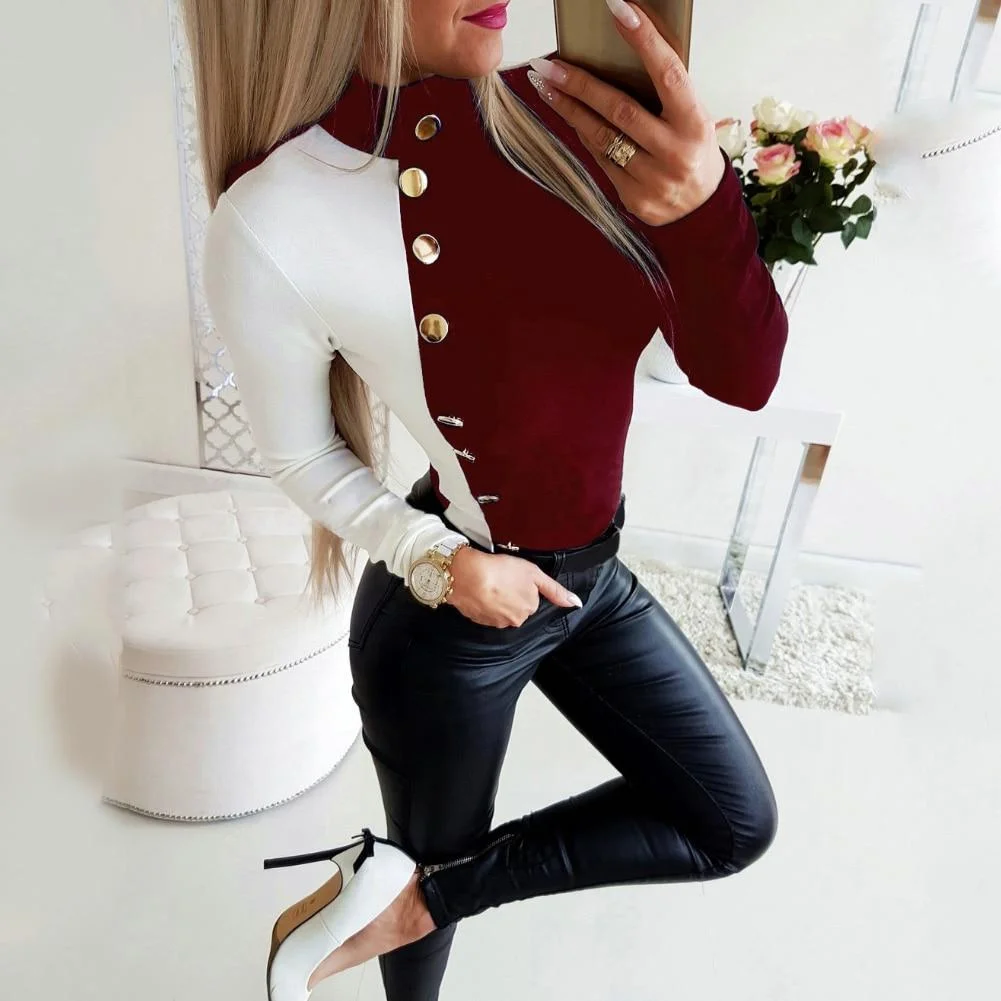 Women Autumn Patchwork Long Sleeve Turtle Neck Button Pullover Shirt Blouse Top Perfect to match with all variety of jeans coats