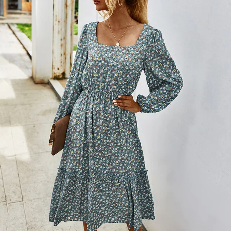 Casual Floral Dress Women Elegant Flower Midi Dresses Female Long Sleeve Square Collar Loosed Dress Ladies Party Beach Vestidos