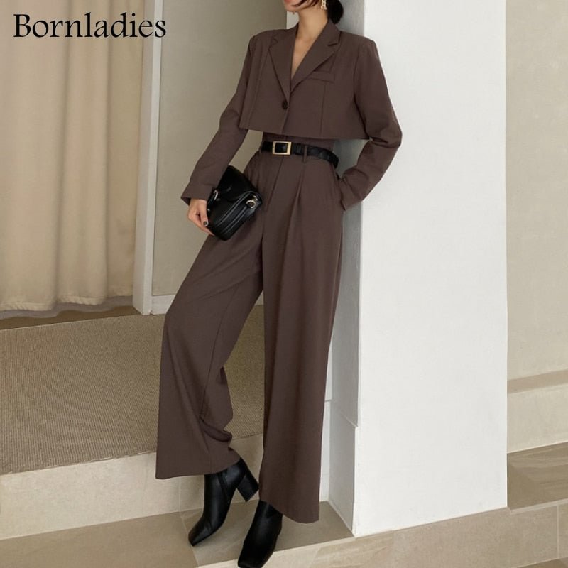 Bornladies Office Lady Blazer Suits Vintage 2 Piece Sets Women Long Sleeve Short Blazer + High Waist Wide Leg Long Pants Outfits