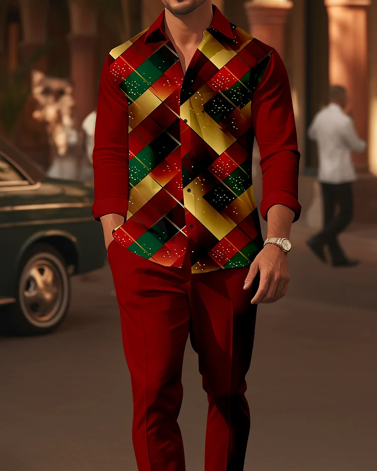 Men's Christmas Printed Long Sleeve Shirt Walking Suit 1566