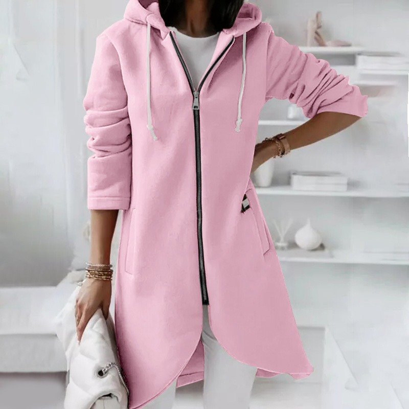 Aquavibeshop Autumn Women Long Hoodies Sweatshirt Coat Zip Up Solid Hooded Jacket Winter Casual Pockets Outwear Female Long Jackets